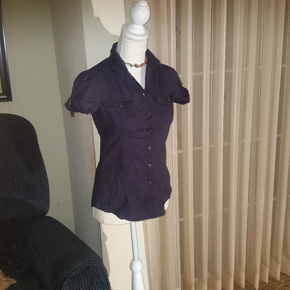 Charcoal Grey Button-Down Short Sleeve Blouse